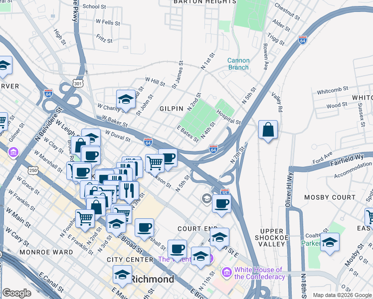 map of restaurants, bars, coffee shops, grocery stores, and more near 316 East Baker Street in Richmond
