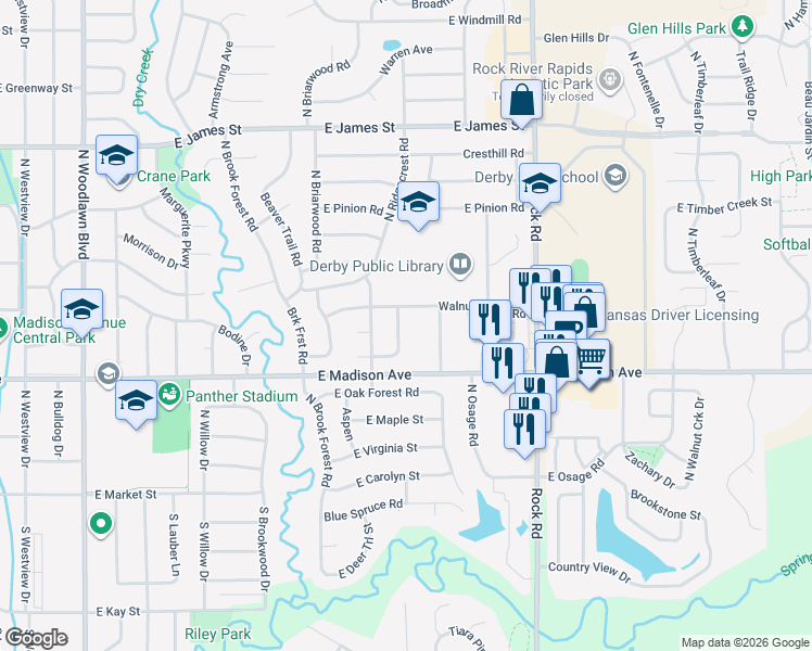 map of restaurants, bars, coffee shops, grocery stores, and more near 620 Tanglewood Road in Derby