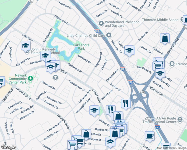 map of restaurants, bars, coffee shops, grocery stores, and more near 36277 Darvon Street in Newark