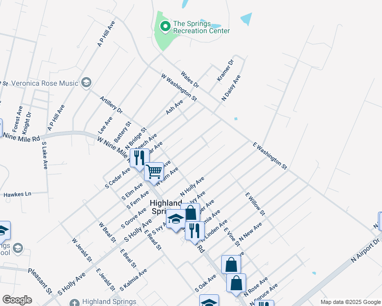 map of restaurants, bars, coffee shops, grocery stores, and more near 125 North Fern Avenue in Highland Springs