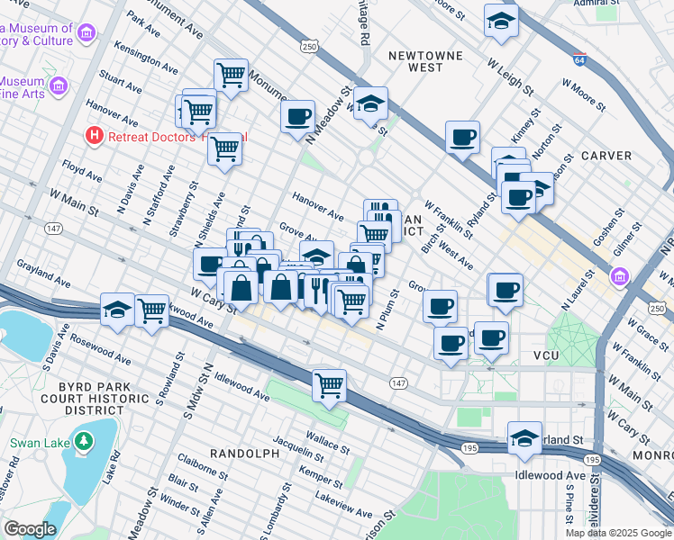 map of restaurants, bars, coffee shops, grocery stores, and more near 106 North Vine Street in Richmond