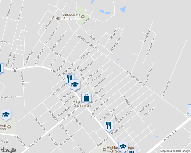 map of restaurants, bars, coffee shops, grocery stores, and more near 118 North Fern Avenue in Highland Springs
