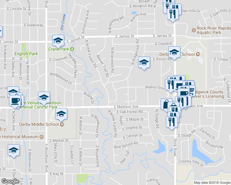 map of restaurants, bars, coffee shops, grocery stores, and more near 625 Briarwood Road in Derby