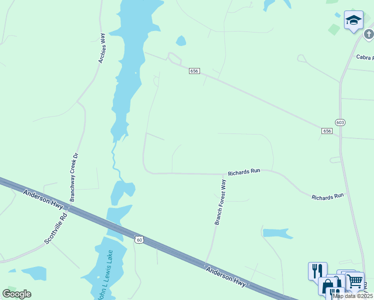 map of restaurants, bars, coffee shops, grocery stores, and more near 2306 Gwynmill Lane in Powhatan