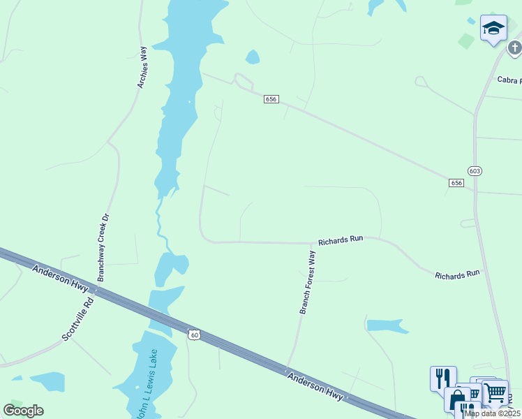 map of restaurants, bars, coffee shops, grocery stores, and more near 2306 Gwynmill Lane in Powhatan