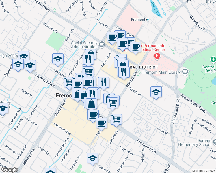 map of restaurants, bars, coffee shops, grocery stores, and more near 39158 State Street in Fremont