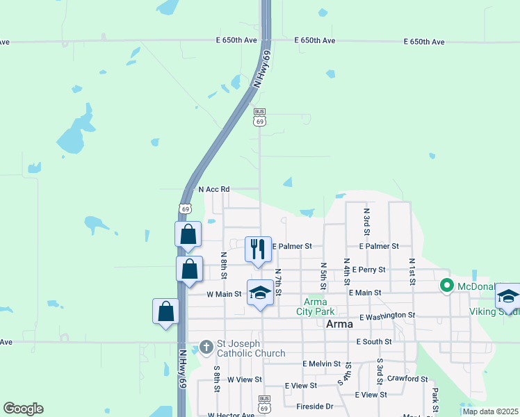 map of restaurants, bars, coffee shops, grocery stores, and more near 101 West Madison Street in Arma