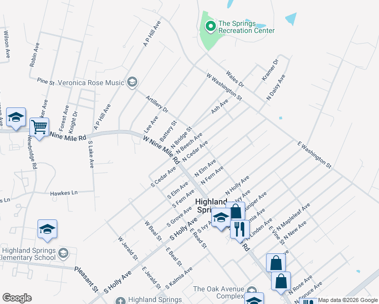 map of restaurants, bars, coffee shops, grocery stores, and more near 10 North Cedar Avenue in Highland Springs