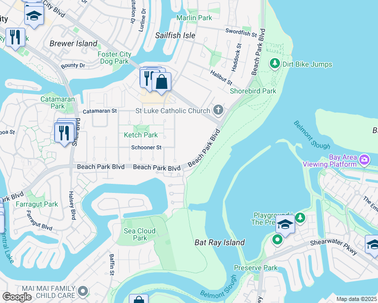 map of restaurants, bars, coffee shops, grocery stores, and more near 1171 Compass Lane in Foster City