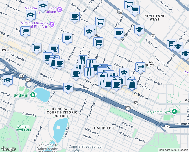 map of restaurants, bars, coffee shops, grocery stores, and more near 2109 West Main Street in Richmond