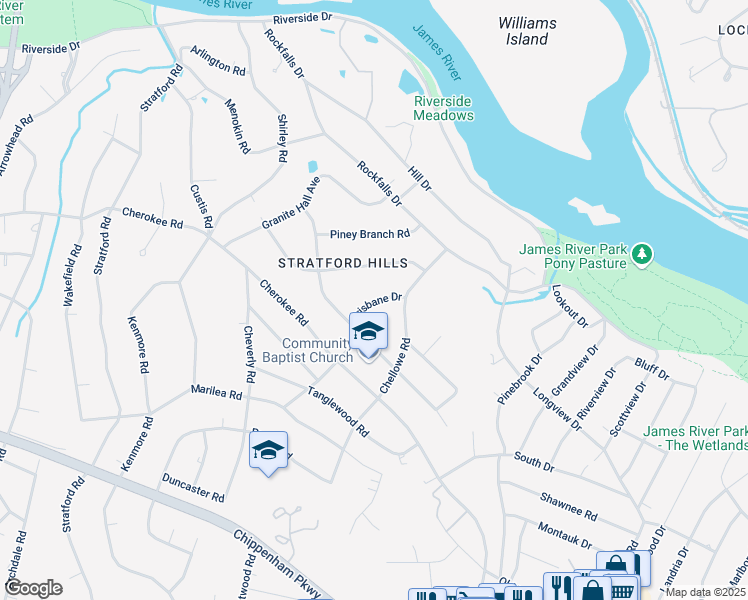 map of restaurants, bars, coffee shops, grocery stores, and more near 7528 Brisbane Drive in Richmond