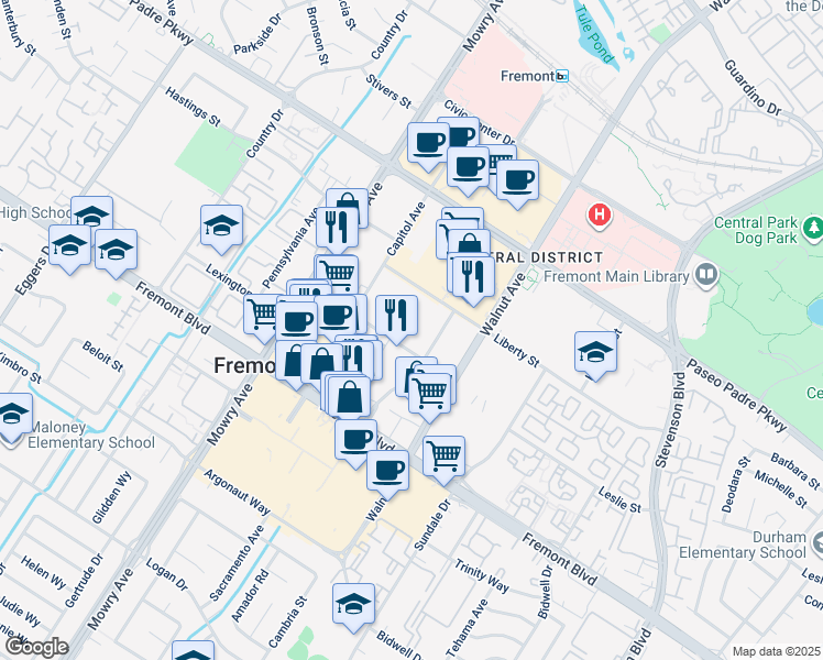 map of restaurants, bars, coffee shops, grocery stores, and more near 39158 State Street in Fremont
