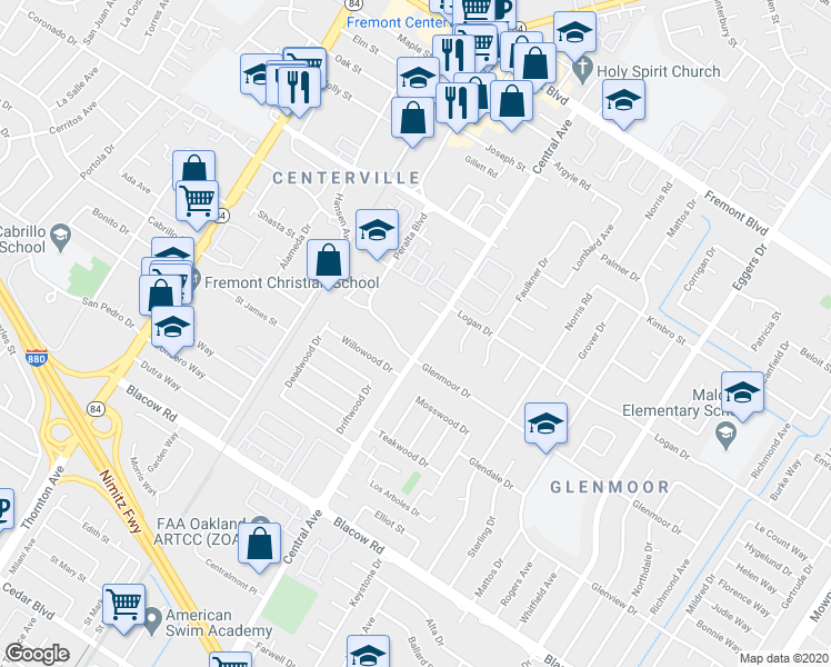 map of restaurants, bars, coffee shops, grocery stores, and more near 4549 Central Avenue in Fremont
