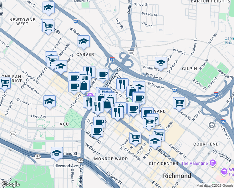 map of restaurants, bars, coffee shops, grocery stores, and more near 407 North Henry Street in Richmond