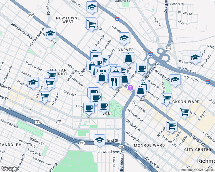 map of restaurants, bars, coffee shops, grocery stores, and more near 829 West Grace Street in Richmond