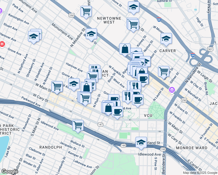 map of restaurants, bars, coffee shops, grocery stores, and more near 222 North Harvie Street in Richmond