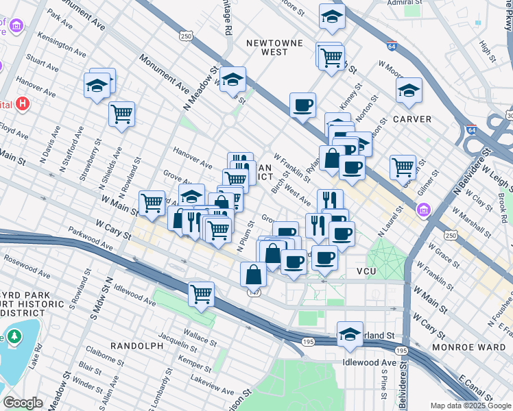 map of restaurants, bars, coffee shops, grocery stores, and more near 1502 Grove Avenue in Richmond