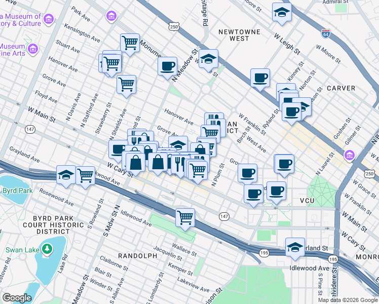 map of restaurants, bars, coffee shops, grocery stores, and more near 104 North Vine Street in Richmond