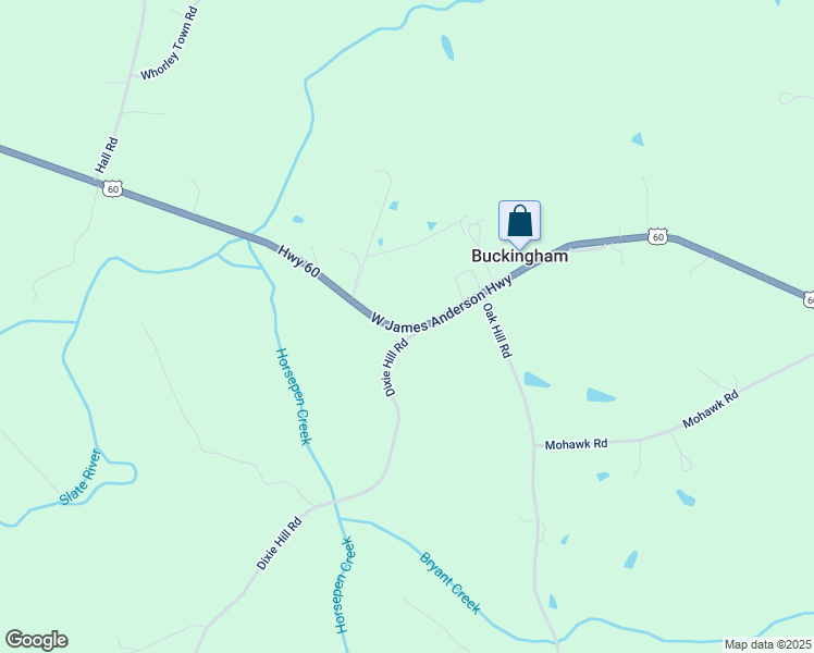 map of restaurants, bars, coffee shops, grocery stores, and more near 12884 West James Anderson Highway in Buckingham