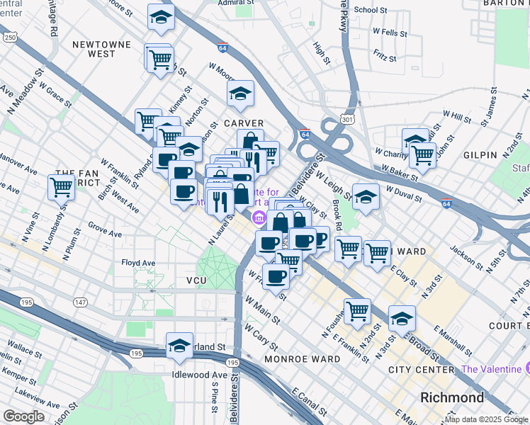 map of restaurants, bars, coffee shops, grocery stores, and more near 700 West Broad Street in Richmond