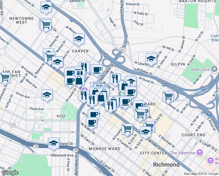 map of restaurants, bars, coffee shops, grocery stores, and more near 409 West Clay Street in Richmond