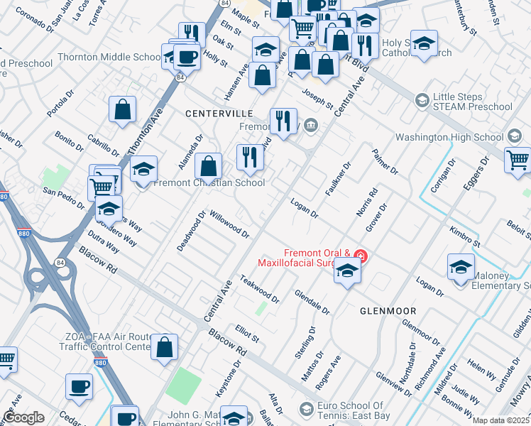 map of restaurants, bars, coffee shops, grocery stores, and more near 4549 Central Avenue in Fremont