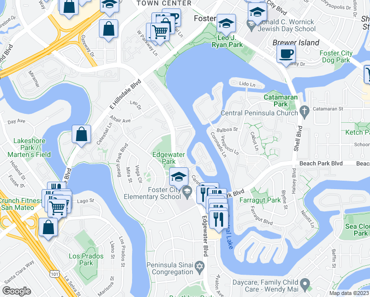map of restaurants, bars, coffee shops, grocery stores, and more near 805 Corvus Lane in Foster City