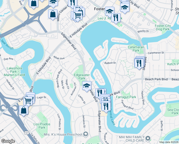 map of restaurants, bars, coffee shops, grocery stores, and more near 805 Corvus Lane in Foster City
