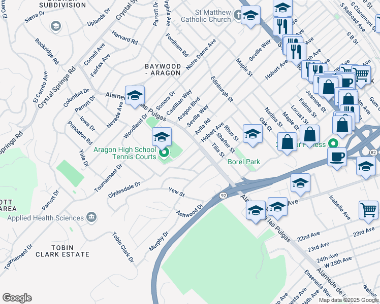 map of restaurants, bars, coffee shops, grocery stores, and more near 611 Hobart Avenue in San Mateo