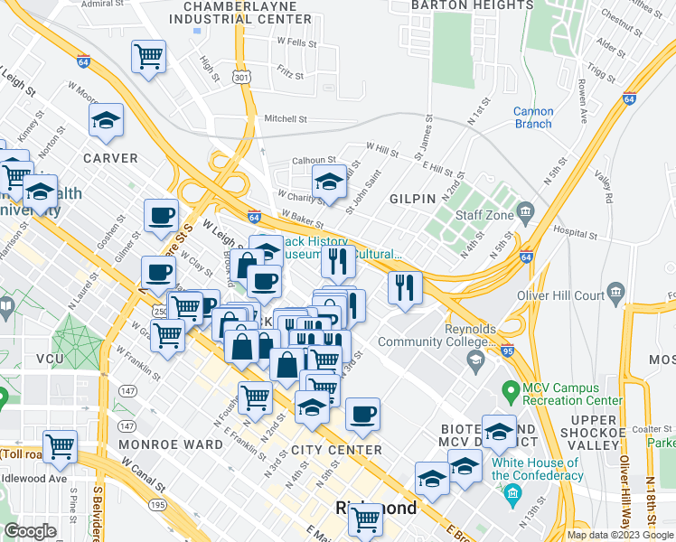 map of restaurants, bars, coffee shops, grocery stores, and more near 718 North 1st Street in Richmond