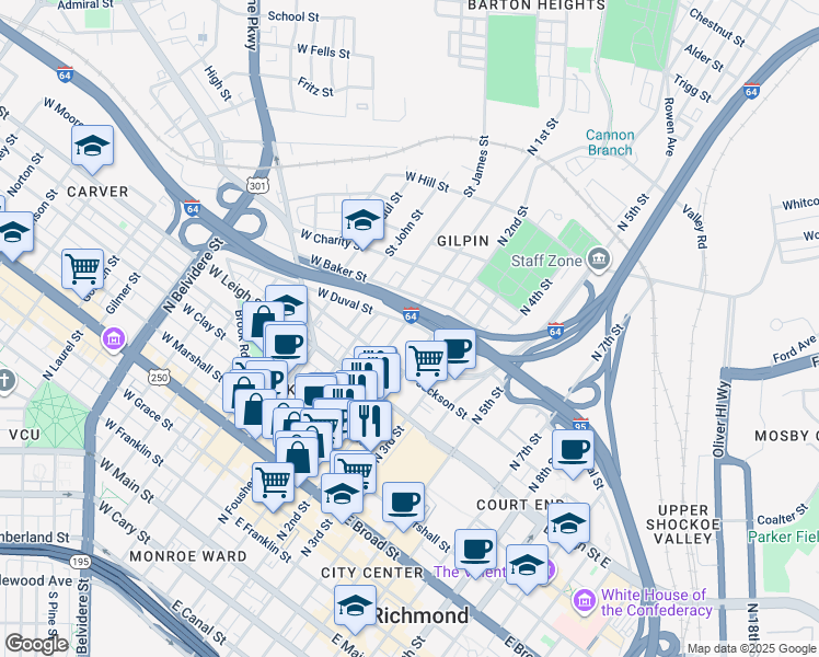 map of restaurants, bars, coffee shops, grocery stores, and more near 713 North 1st Street in Richmond