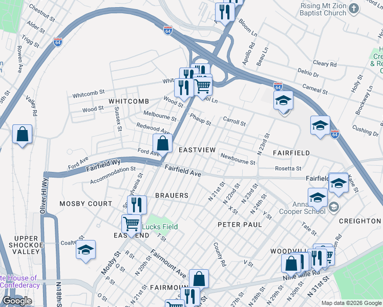 map of restaurants, bars, coffee shops, grocery stores, and more near 1610 North 19th Street in Richmond