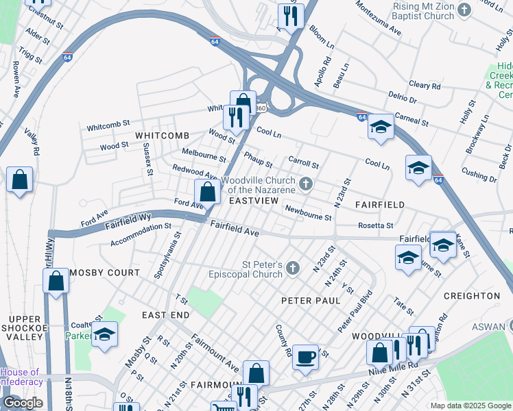 map of restaurants, bars, coffee shops, grocery stores, and more near 1701 North 19th Street in Richmond