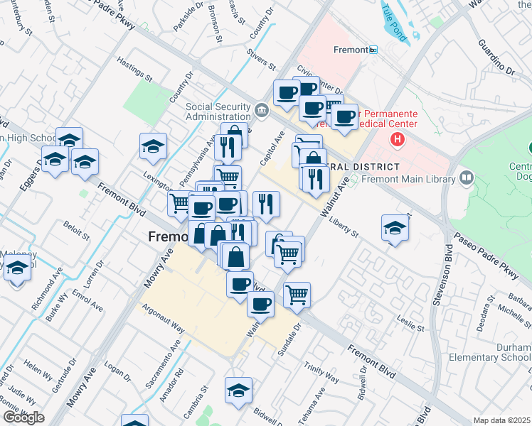 map of restaurants, bars, coffee shops, grocery stores, and more near 39158 State Street in Fremont