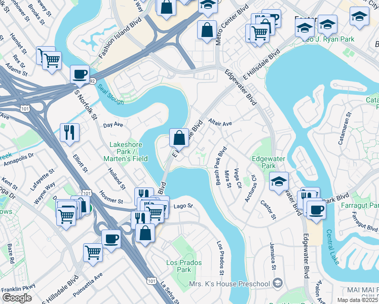 map of restaurants, bars, coffee shops, grocery stores, and more near 727 Celestial Lane in Foster City
