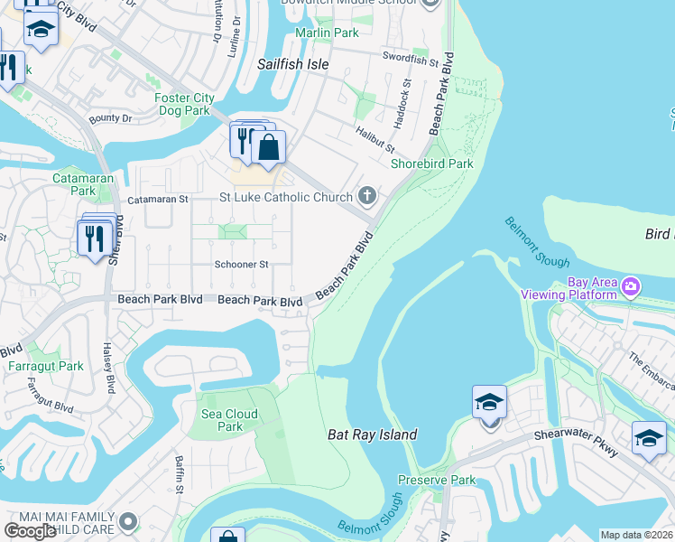 map of restaurants, bars, coffee shops, grocery stores, and more near 1051 Beach Park Boulevard in Foster City