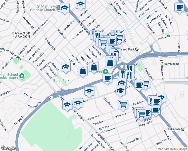 map of restaurants, bars, coffee shops, grocery stores, and more near 155 Bovet Road in San Mateo
