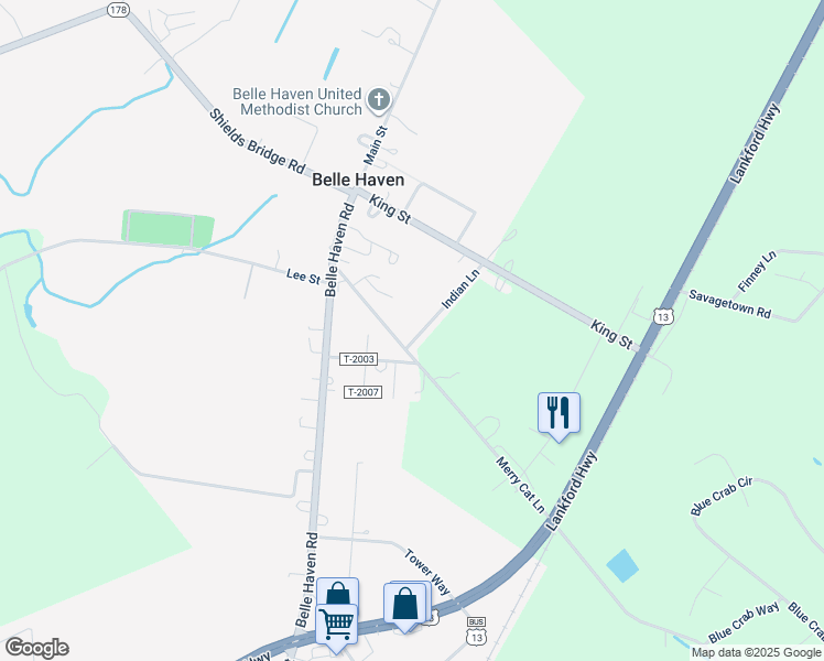 map of restaurants, bars, coffee shops, grocery stores, and more near 36162 Indian Lane in Belle Haven