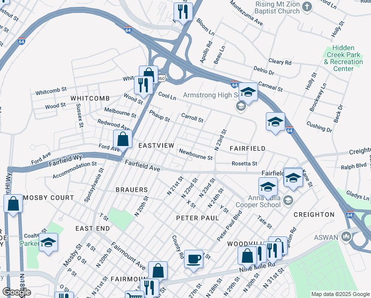 map of restaurants, bars, coffee shops, grocery stores, and more near 2014 Newbourne Street in Richmond