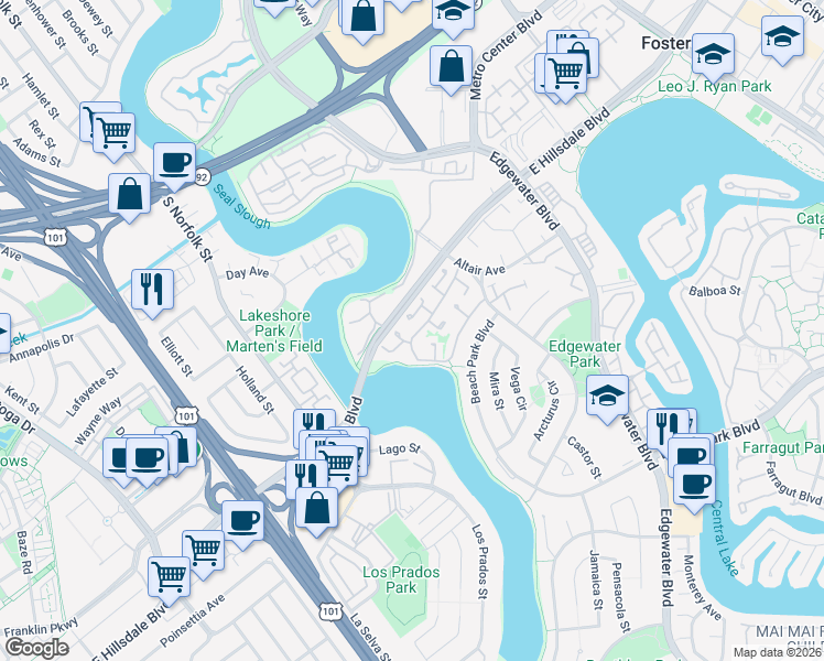 map of restaurants, bars, coffee shops, grocery stores, and more near 727 Celestial Lane in Foster City