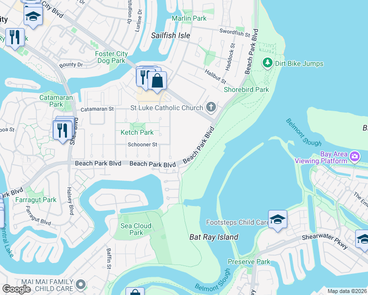 map of restaurants, bars, coffee shops, grocery stores, and more near 1171 Compass Lane in Foster City