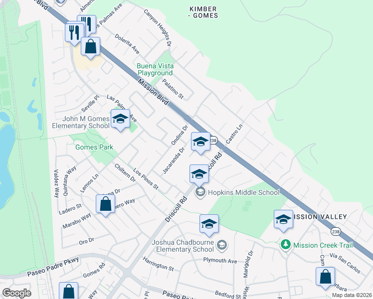 map of restaurants, bars, coffee shops, grocery stores, and more near 260 Jacaranda Drive in Fremont