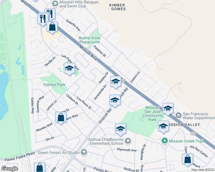 map of restaurants, bars, coffee shops, grocery stores, and more near 260 Jacaranda Drive in Fremont