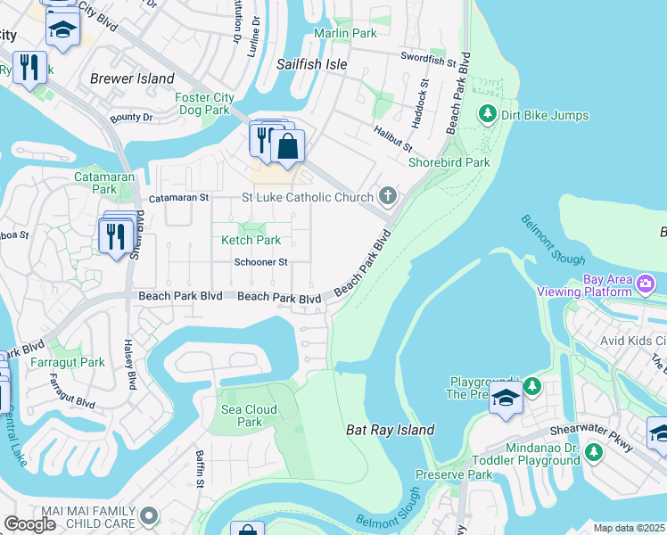 map of restaurants, bars, coffee shops, grocery stores, and more near 1171 Compass Lane in Foster City