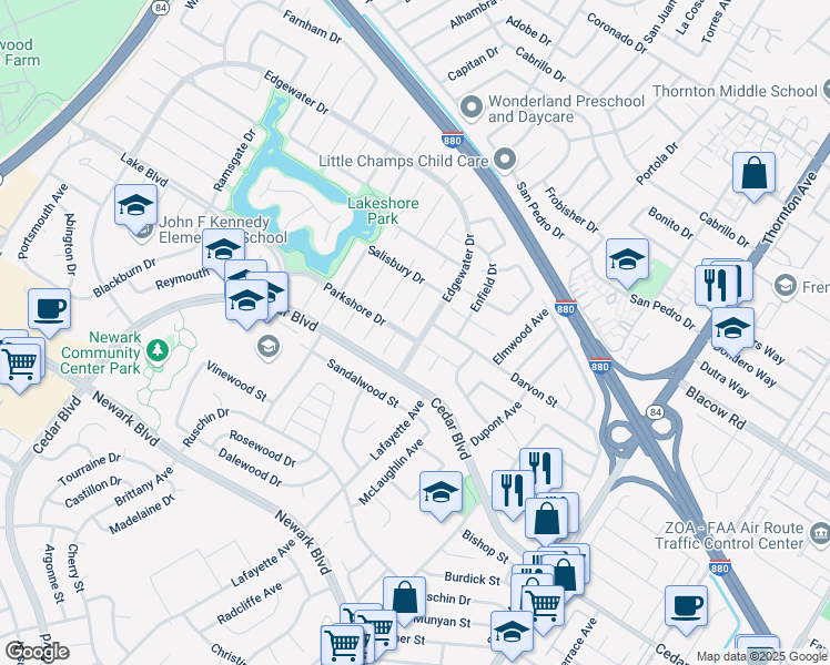 map of restaurants, bars, coffee shops, grocery stores, and more near 36277 Darvon Street in Newark