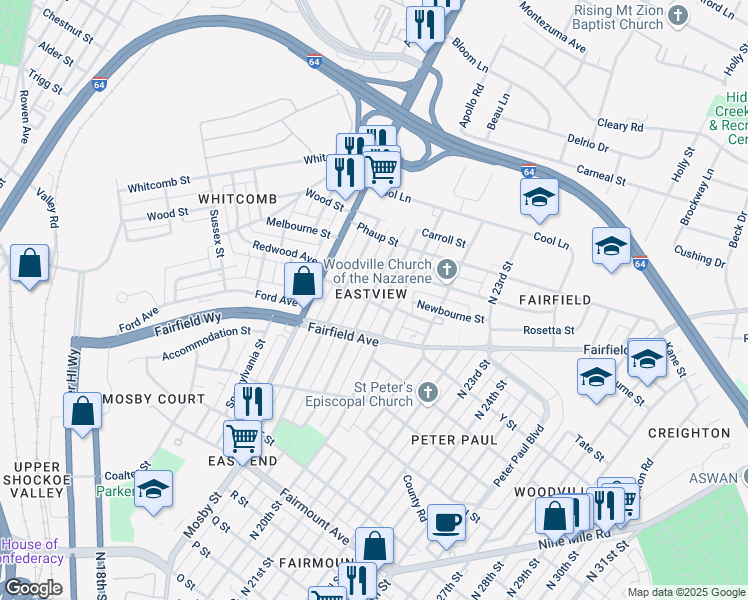 map of restaurants, bars, coffee shops, grocery stores, and more near 1701 North 19th Street in Richmond