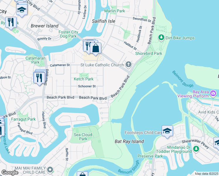 map of restaurants, bars, coffee shops, grocery stores, and more near 1171 Compass Lane in Foster City