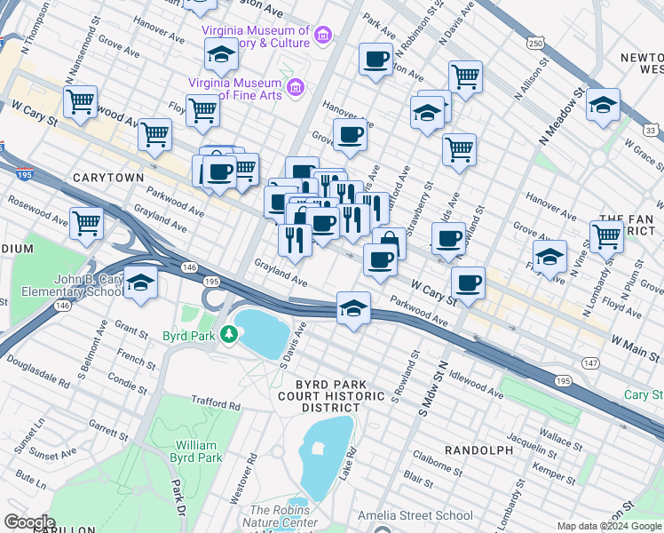 map of restaurants, bars, coffee shops, grocery stores, and more near 200 South Davis Avenue in Richmond