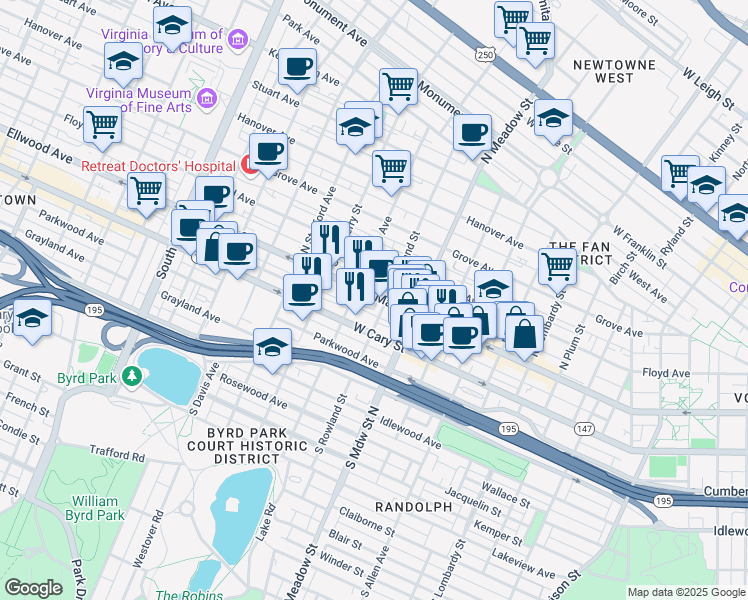 map of restaurants, bars, coffee shops, grocery stores, and more near 2111 West Main Street in Richmond