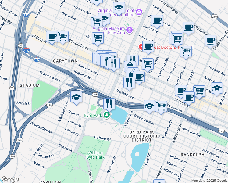map of restaurants, bars, coffee shops, grocery stores, and more near 303 South Arthur Ashe Boulevard in Richmond